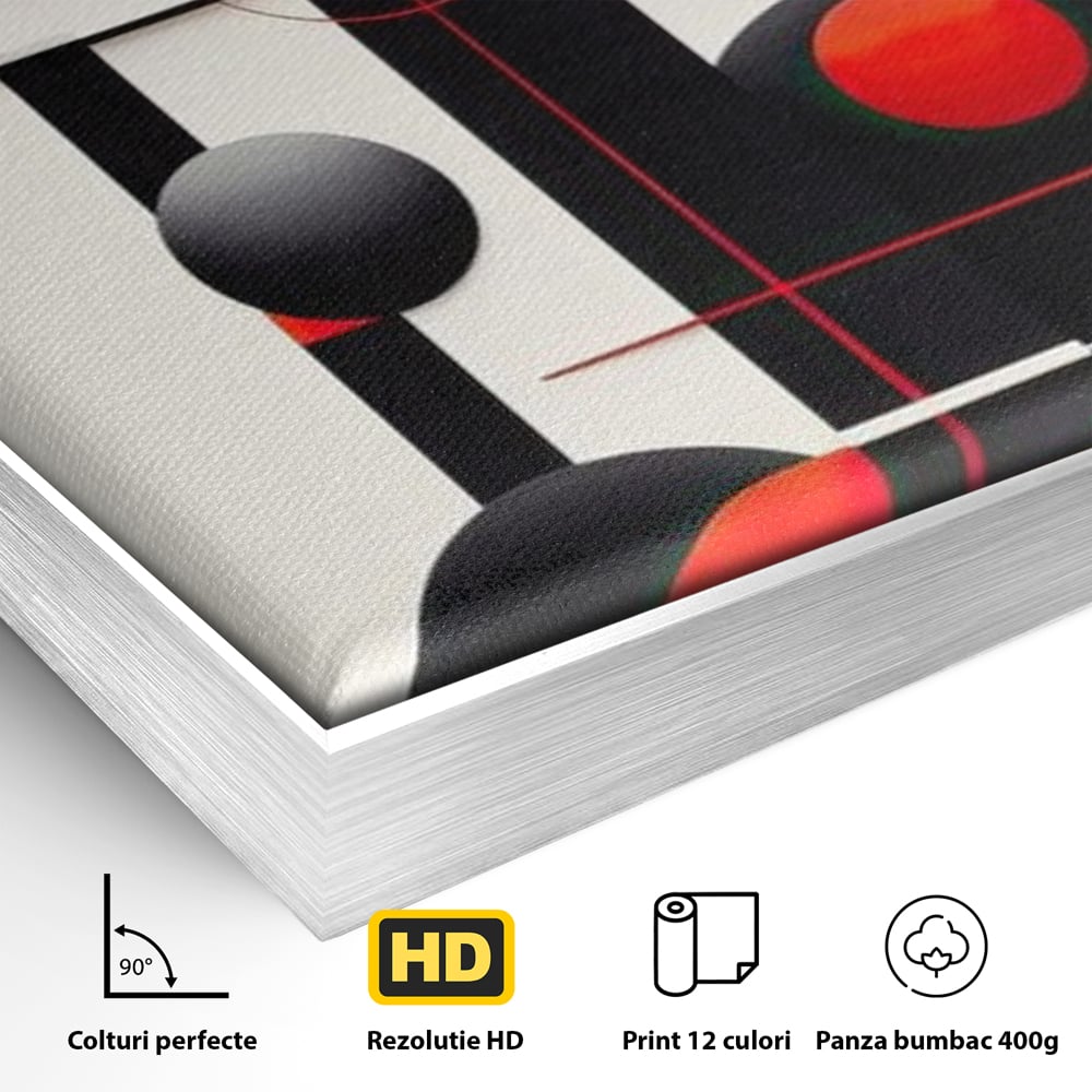 Detaliu al suprafetei: tablou canvas cu forme geometrice abstracte, in rama de aluminiu argintiu